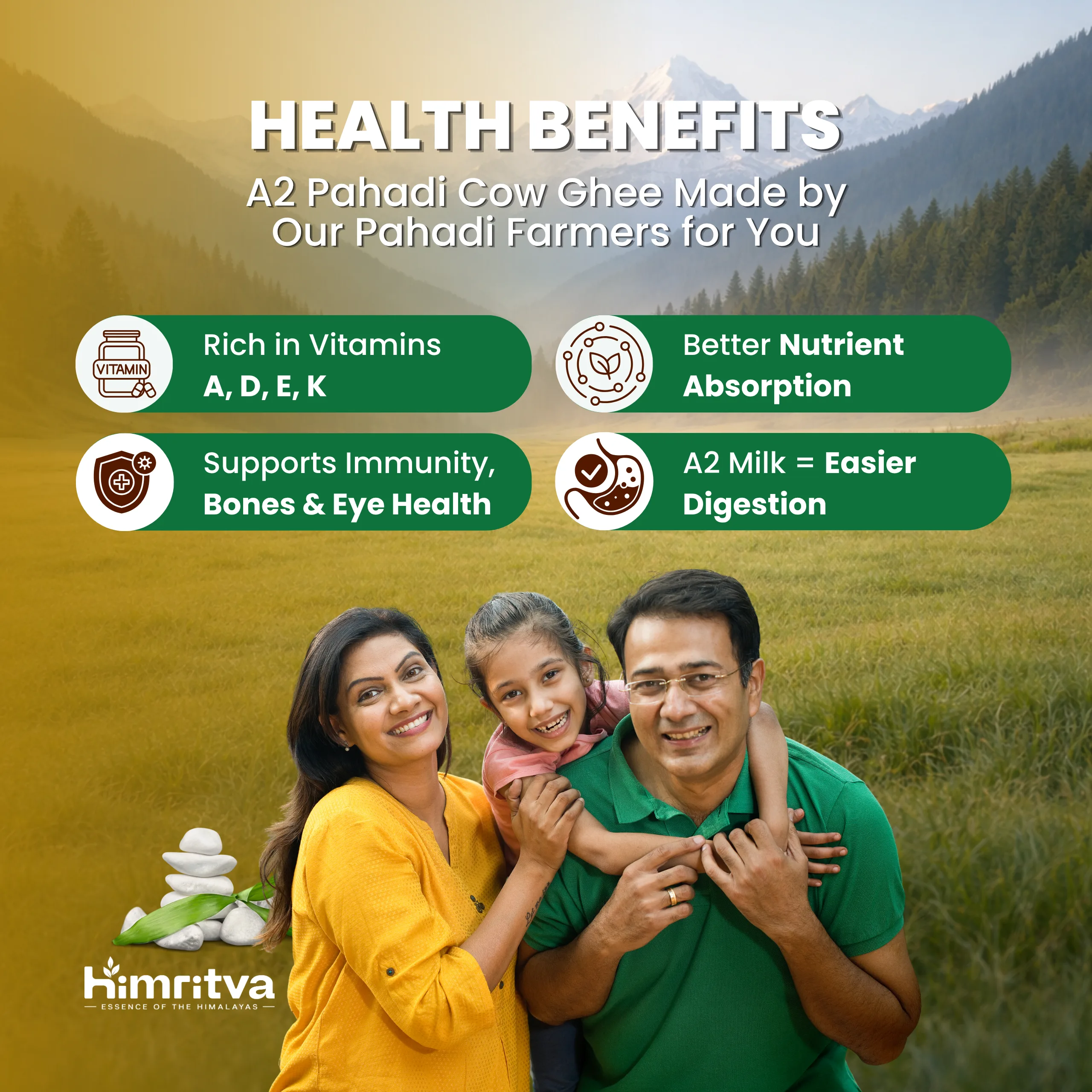 Himritva Himalayan Pahadi Cow Ghee with key nutritional and traditional food benefits
