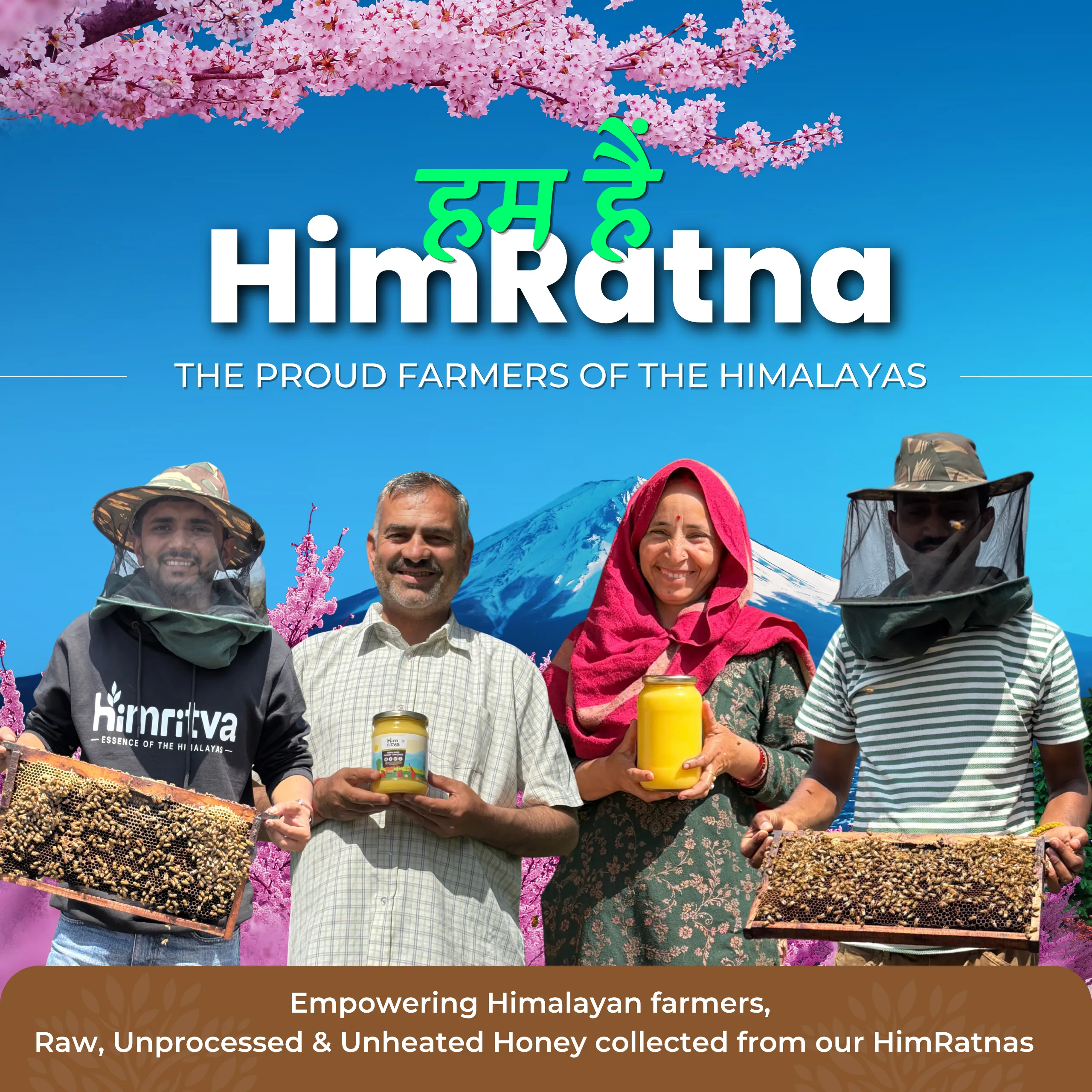 HimRatna Pahadi beekeepers with Himalayan raw honey and honeycombs
